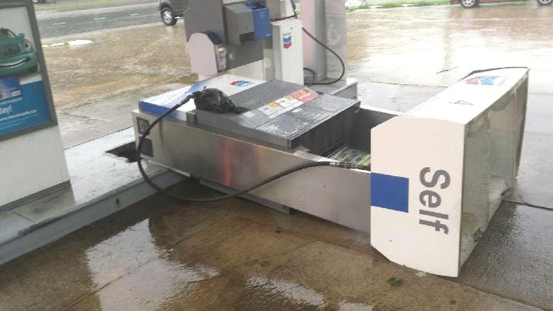 Blown over gas pump at Chevron on Helen Highway